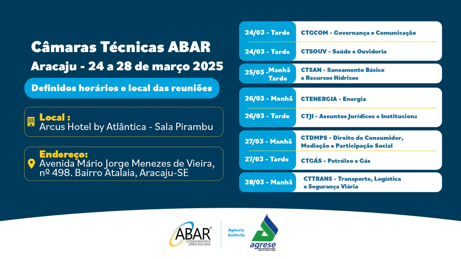 Aracaju sediará reuniões das Câmaras Técnicas da ABAR em março de 2025